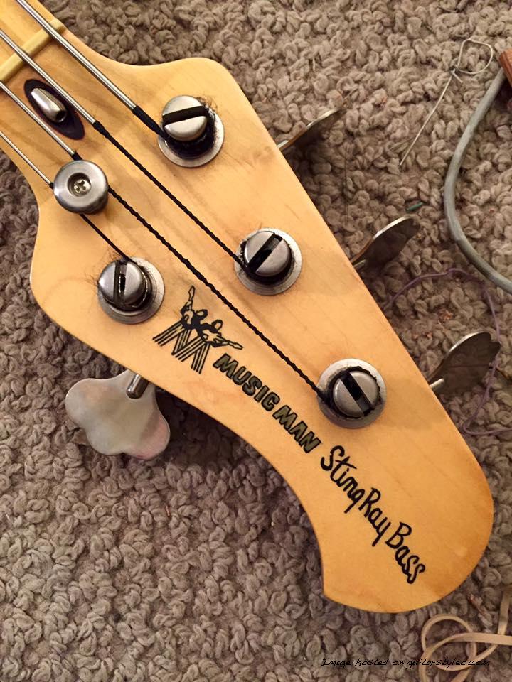 hand painted logo art on a prototype Stingray headstock.