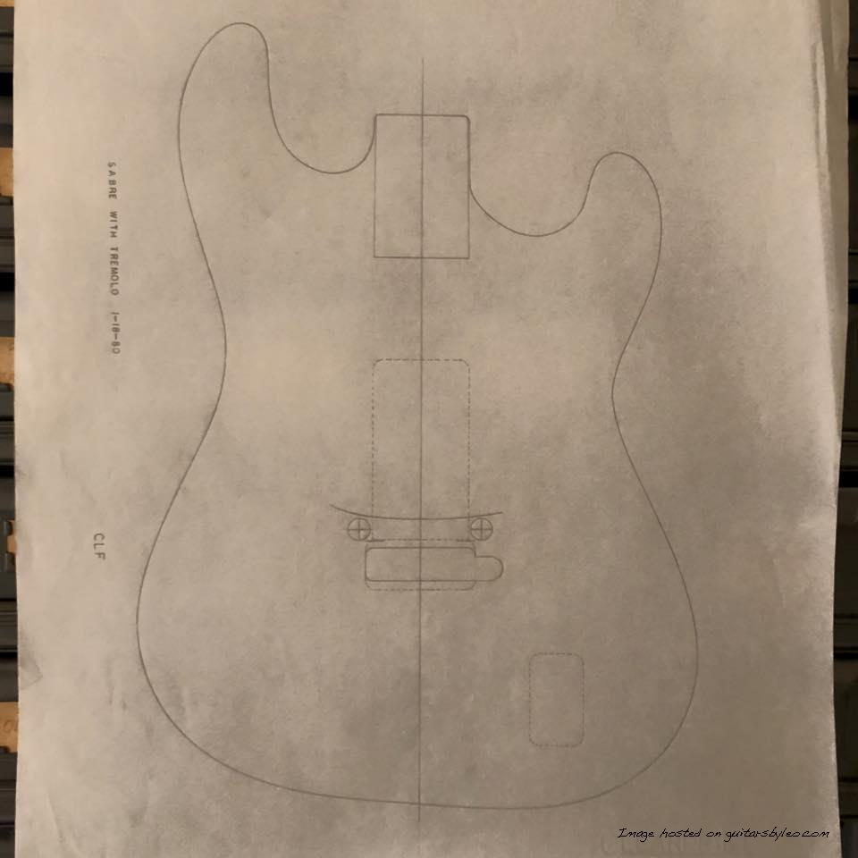 January 18, 1980 drawing shows routing and bushing holes for the DF vibrato on a Sabre body4