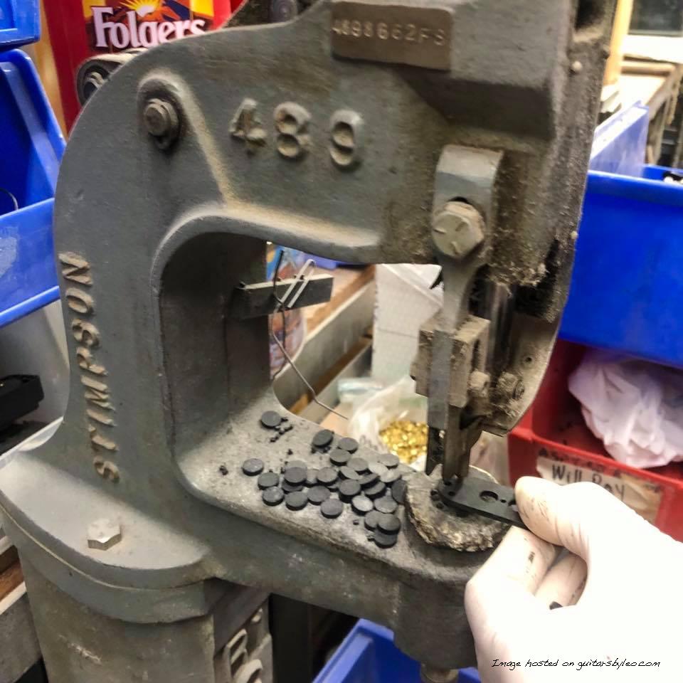 Leo’s 1967 Stimpson 489 Eyelet Press in use on an Espada pickup fiber-1