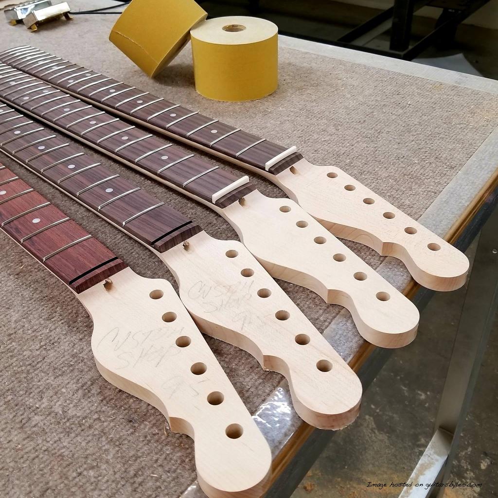 Sanding a batch of ASAT Special necks for Andertons Music Co. In the UK