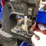 Leo’s 1967 Stimpson 489 Eyelet Press in use on an Espada pickup fiber-2