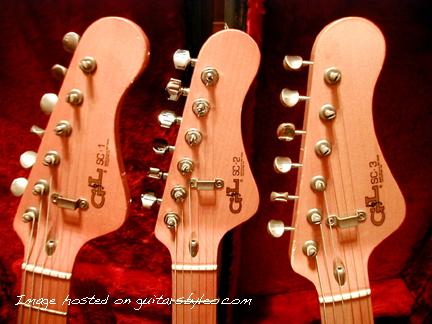 Jeff Byrd's SC-1, SC-2 and SC-3 - headstocks closeup