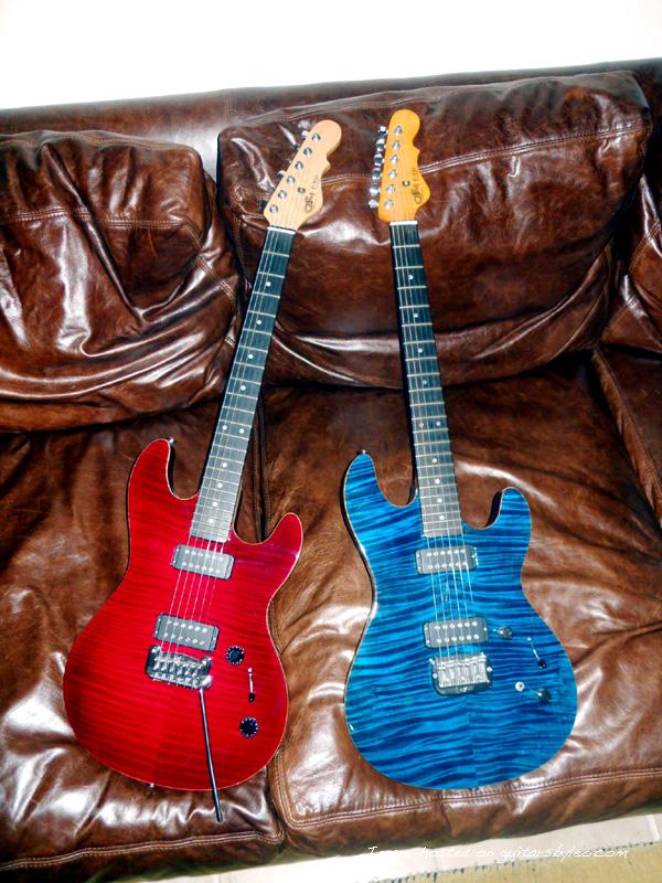 2007 G&L F100 Return in Wine Red and Prototype in Blue.