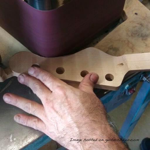 Josh used George Fullerton s 1982 SB headstock template to mark it then Manny did the shaping freehand on a Leo sander-1