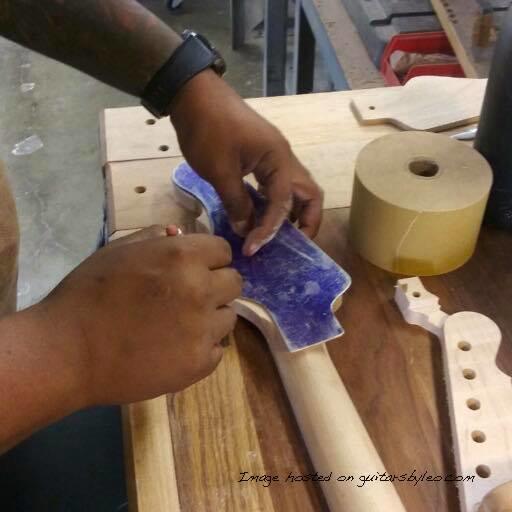 Josh used George Fullerton s 1982 SB headstock template to mark it then Manny did the shaping freehand on a Leo sander-2