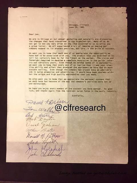 June 30 1965 - a heartwarming thanks and farewell letter from Fender Salesmen to Leo