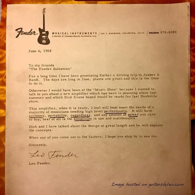 Leo Fender to Fender Salesmen on CBS Fender letterhead