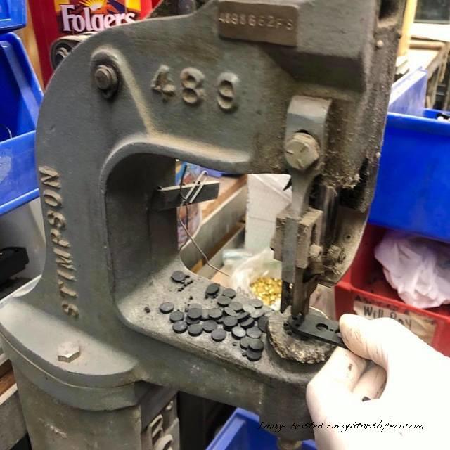 Leo s 1967 Stimpson 489 Eyelet Press in use on an Espada pickup fiber-1