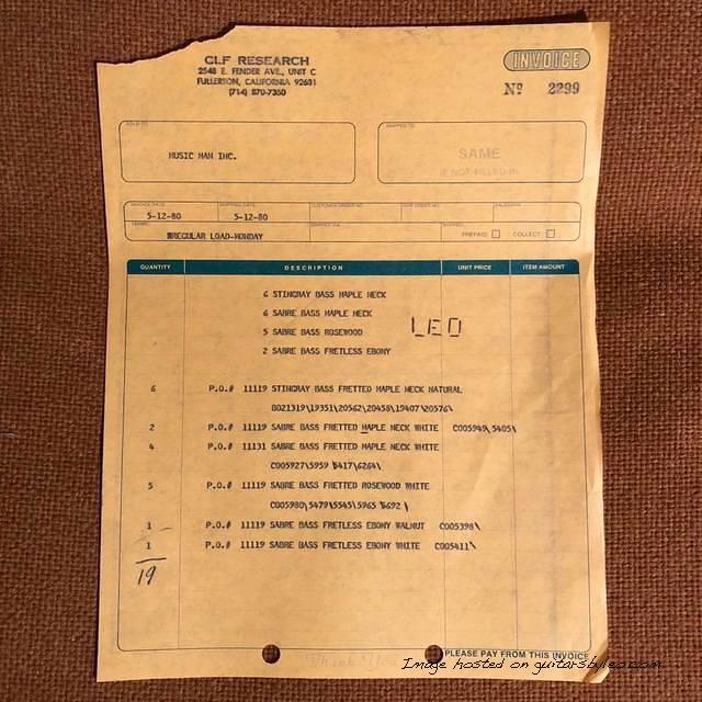 May 12 1980 invoice for instruments produced and shipped to Music Man Inc