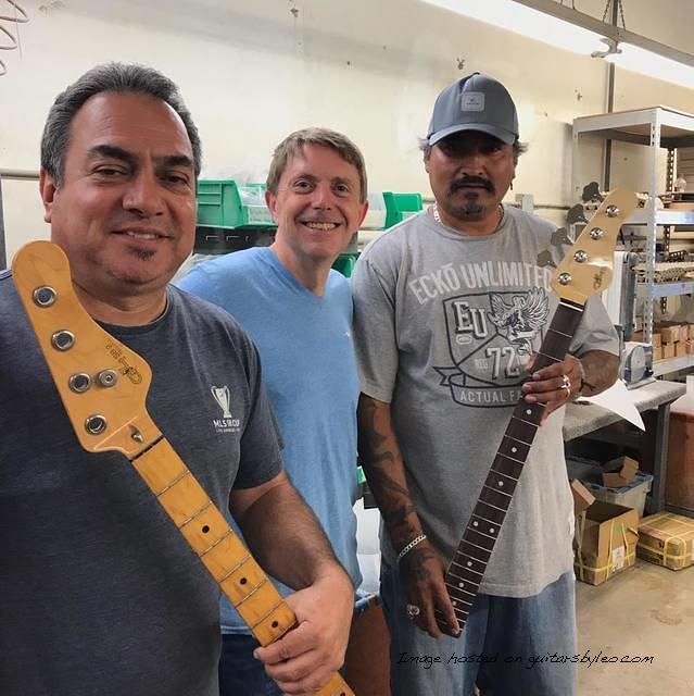 So here s Memo with the old original neck Dave me and Marco with the new neck he sanded to match the old slim headstoc