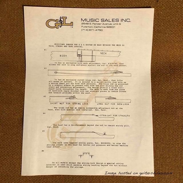 circa 1983 neck features sheet by G amp L Music Sales Inc
