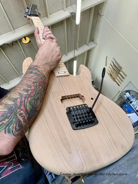 prototype Rampage 24 body with modified neck pocket depth and traditional surface-mount Kahler 2300 bridge