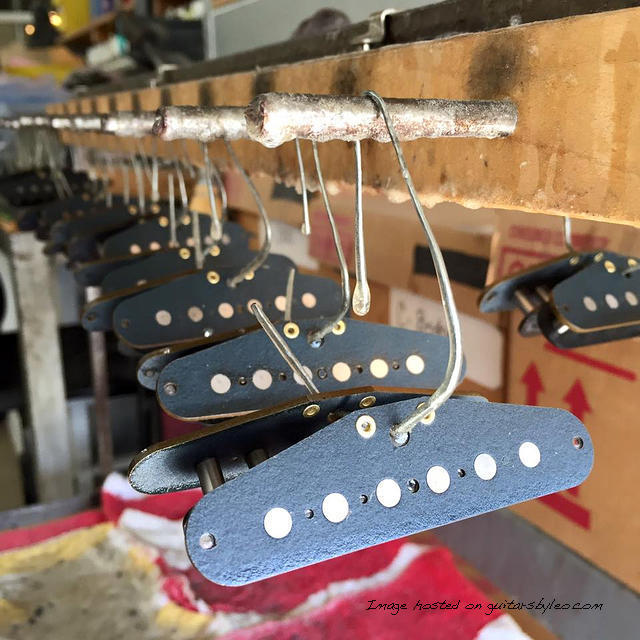 pickup-bobbins-lacquered-and-drying-on-one-of-Leo s-old-racks