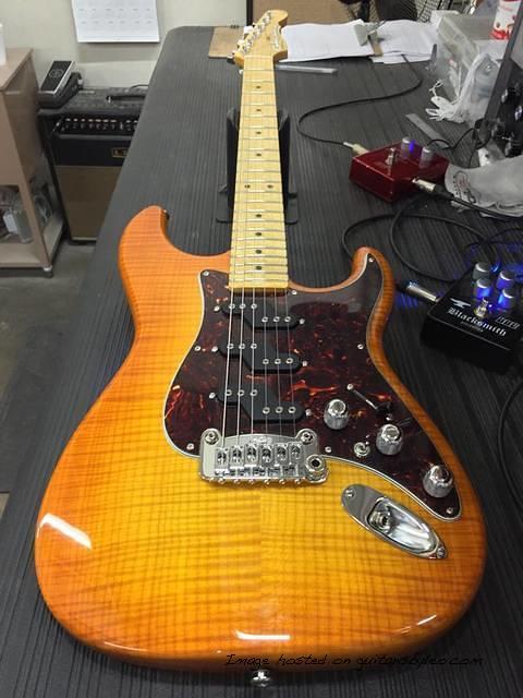 Comanche in Honeyburst over flame maple on swamp ash birdseye FB