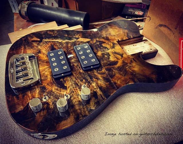 Buckeye Burl topped ASAT Bass with a Soft Blackburst finish