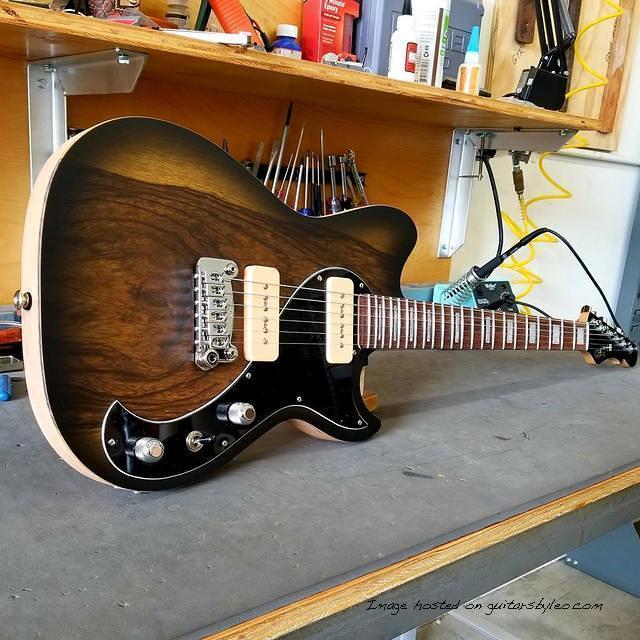 CS Fallout in 2-Tone Sunburst Frost is sporting two G amp L P-90 style pickups on a Black Limba top over Ash