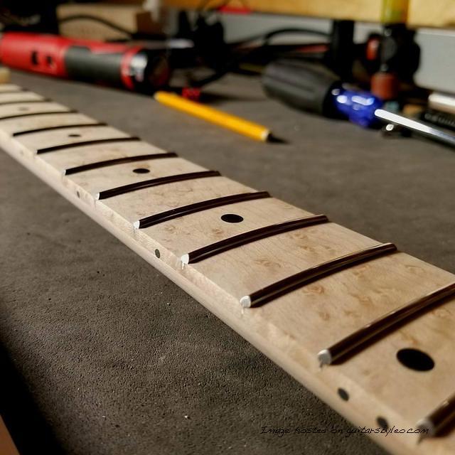 Closeup detail of Birdseye Maple fingerboard on a G amp L Custom Shop ASAT Classic neck