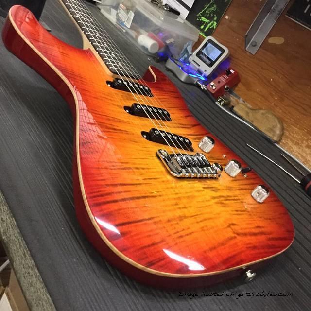 S-500 RMC in Cherryburst on flame maple top on swamp ash with wood binding